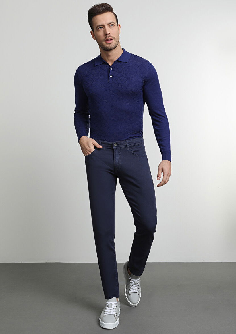 Lacivert Düz Dokuma Slim Fit Casual Pamuk Karışımlı Pantolon 