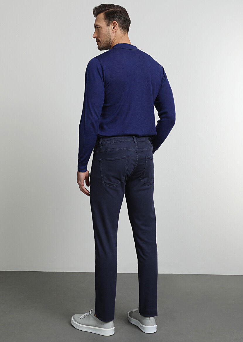 Lacivert Düz Dokuma Slim Fit Casual Pamuk Karışımlı Pantolon - 4