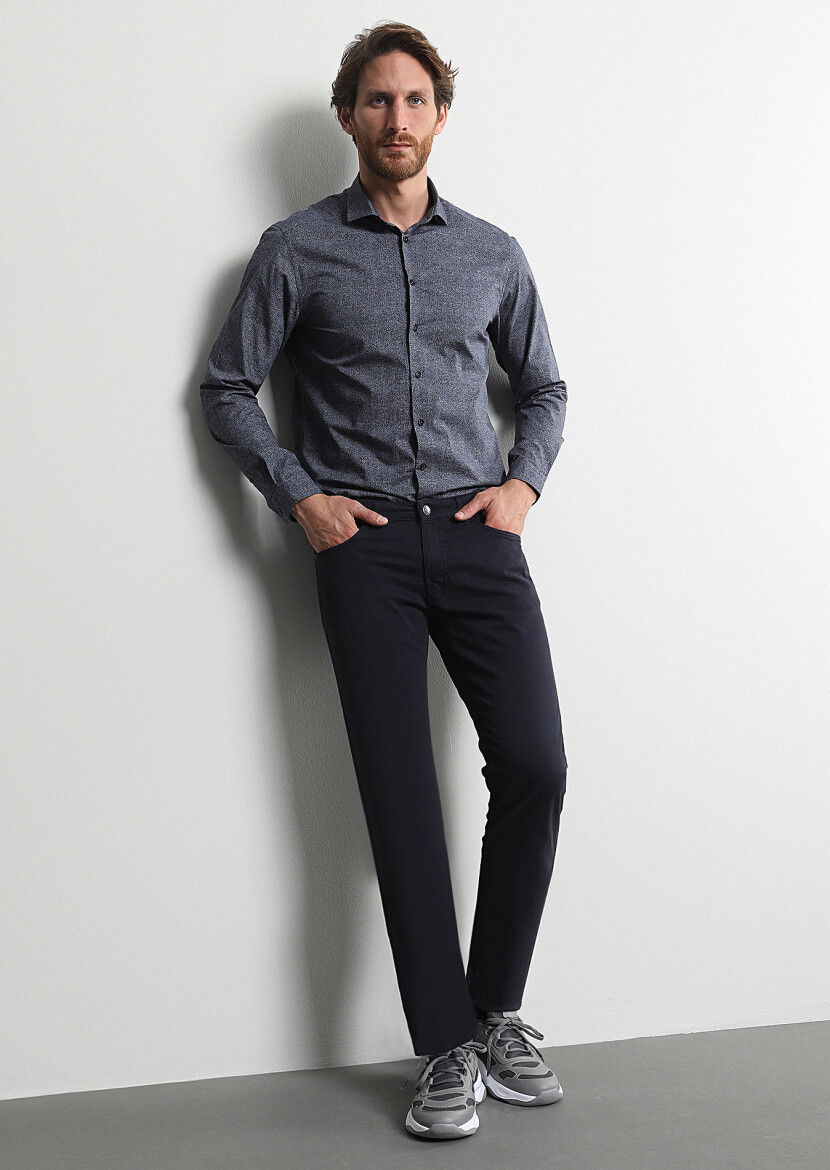 Lacivert Düz Dokuma Slim Fit Casual Pamuk Karışımlı Pantolon 
