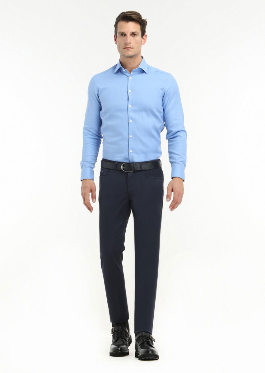 Lacivert Düz Dokuma Slim Fit Casual Pamuk Karışımlı Pantolon - 1