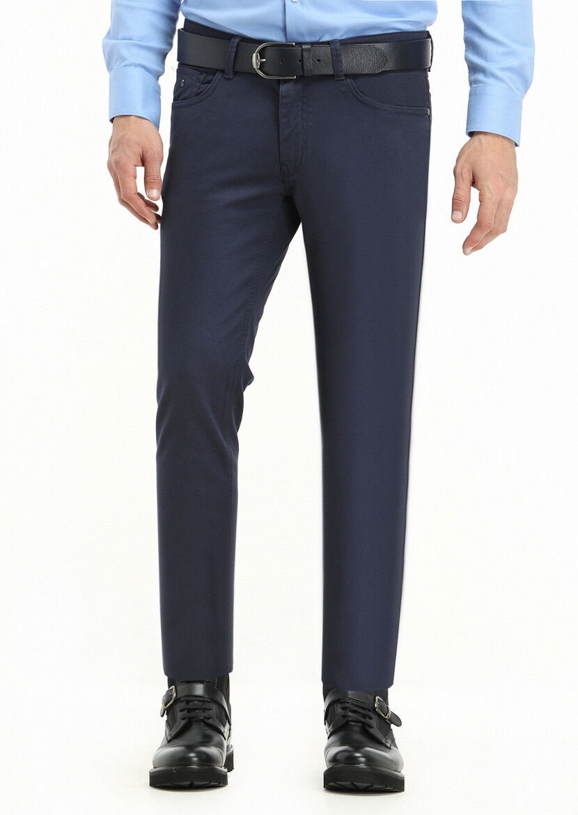 Lacivert Düz Dokuma Slim Fit Casual Pamuk Karışımlı Pantolon 
