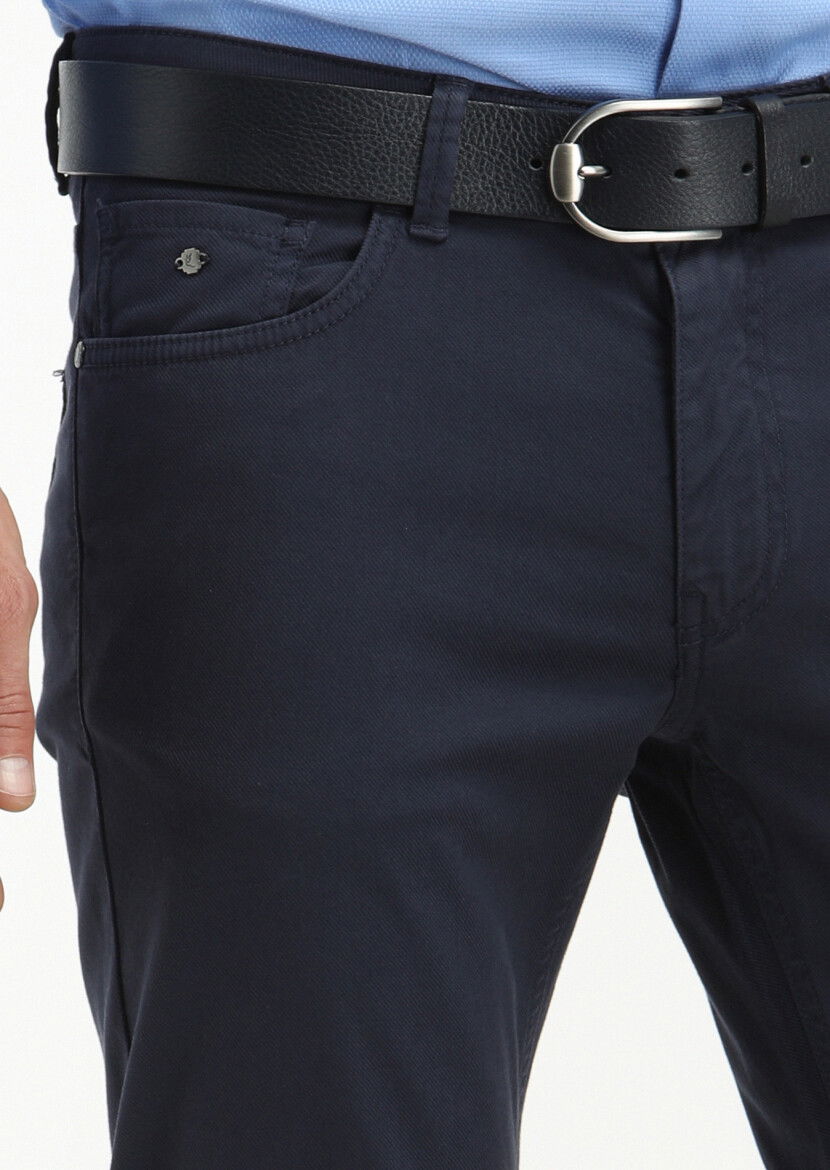 Lacivert Düz Dokuma Slim Fit Casual Pamuk Karışımlı Pantolon - 3