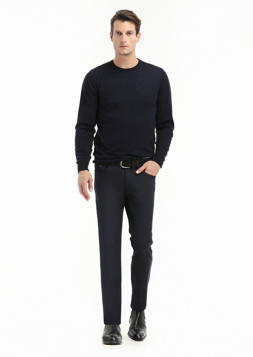 Lacivert Düz Dokuma Slim Fit Casual Pamuk Karışımlı Pantolon 