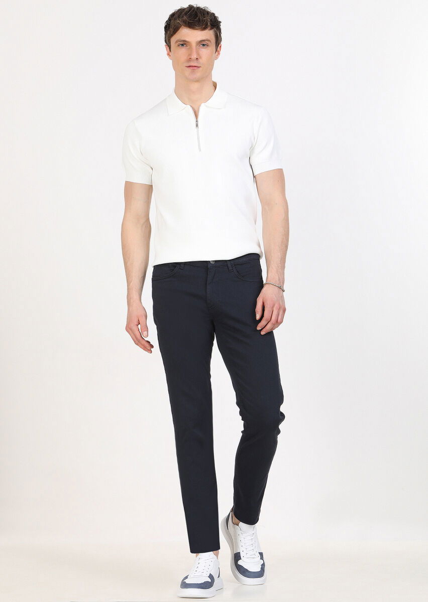 Lacivert Düz Dokuma Slim Fit Casual Pamuk Karışımlı Pantolon - 1