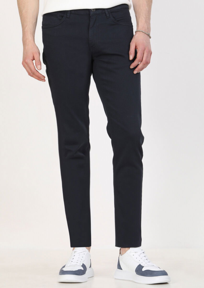 Lacivert Düz Dokuma Slim Fit Casual Pamuk Karışımlı Pantolon - 2