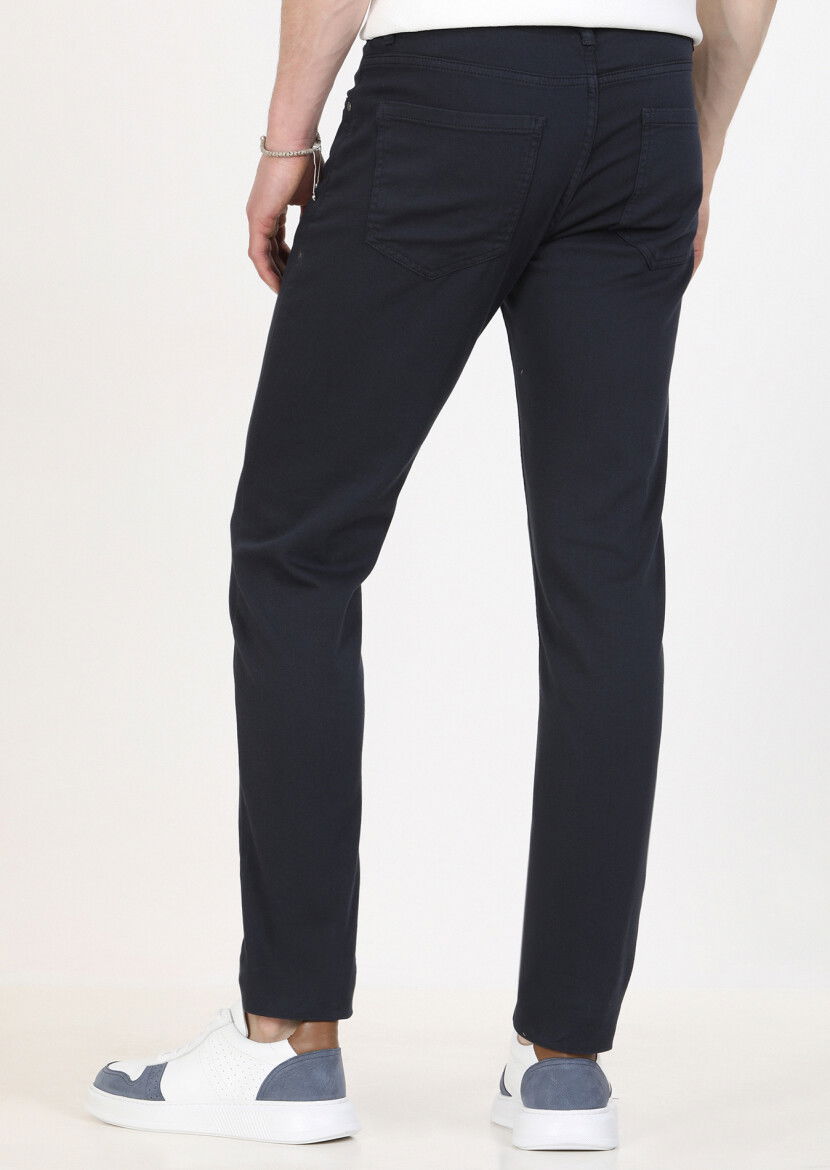 Lacivert Düz Dokuma Slim Fit Casual Pamuk Karışımlı Pantolon - 4