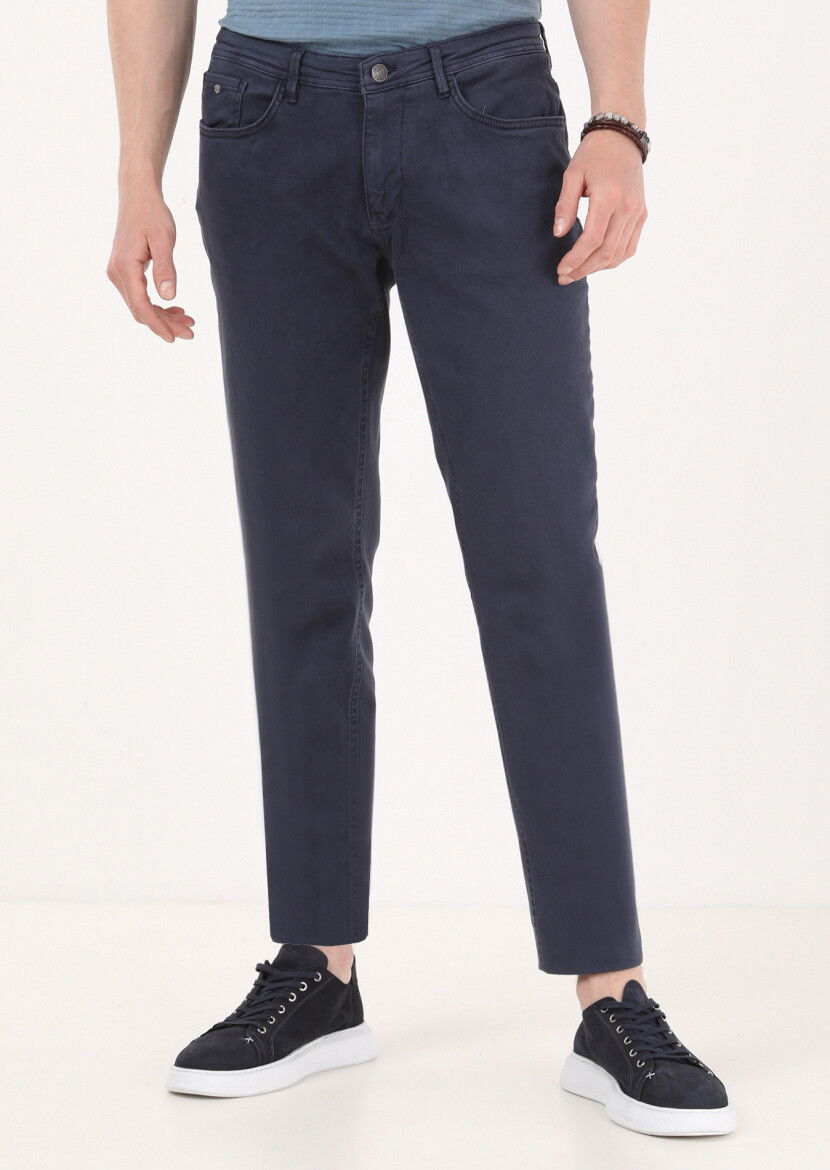 Lacivert Düz Dokuma Slim Fit Casual Pamuk Karışımlı Pantolon 