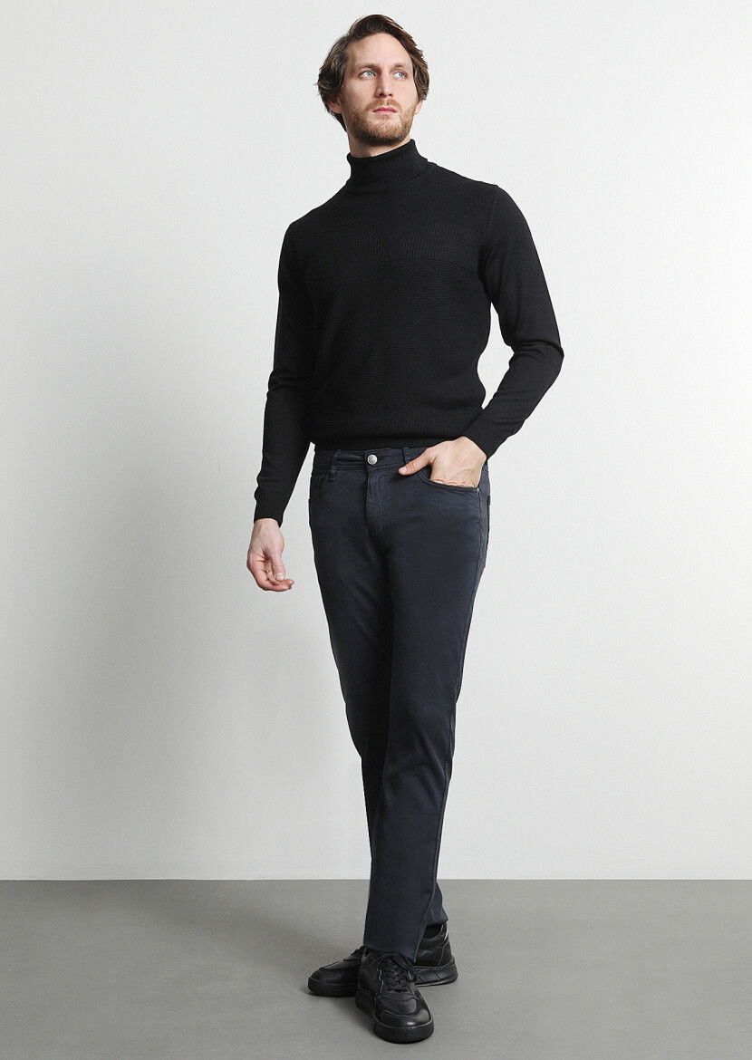 Lacivert Düz Dokuma Slim Fit Casual Pamuk Karışımlı Pantolon 