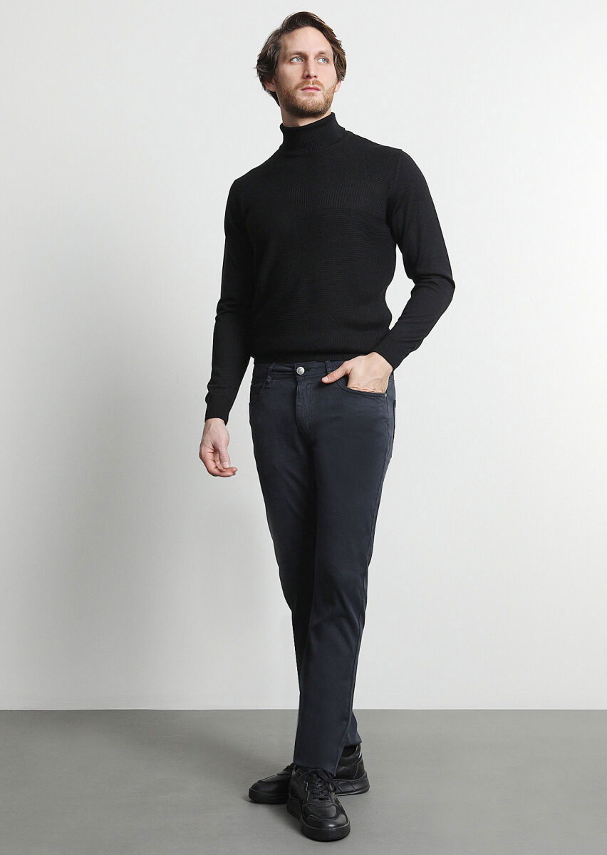 Lacivert Düz Dokuma Slim Fit Casual Pamuk Karışımlı Pantolon - 1