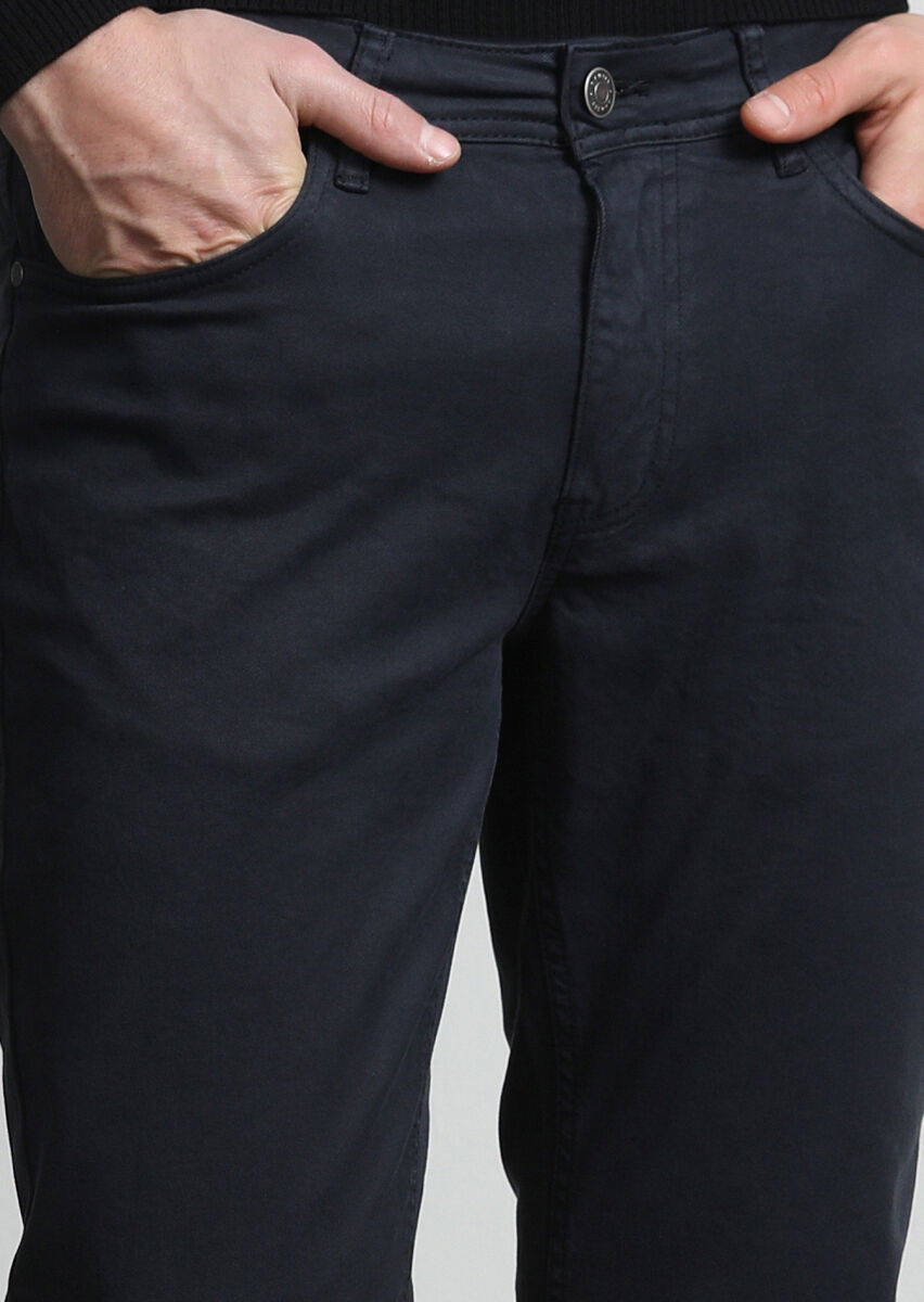 Lacivert Düz Dokuma Slim Fit Casual Pamuk Karışımlı Pantolon - 2