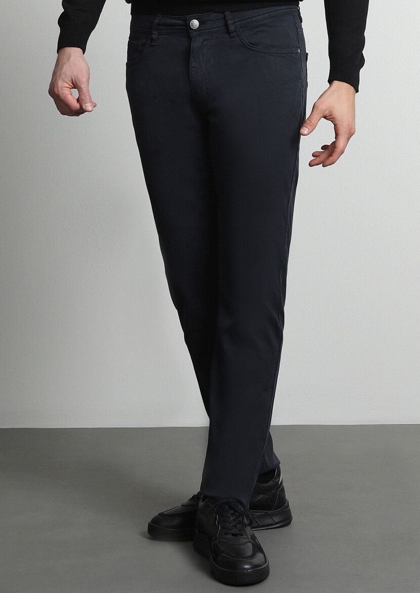 Lacivert Düz Dokuma Slim Fit Casual Pamuk Karışımlı Pantolon - 3