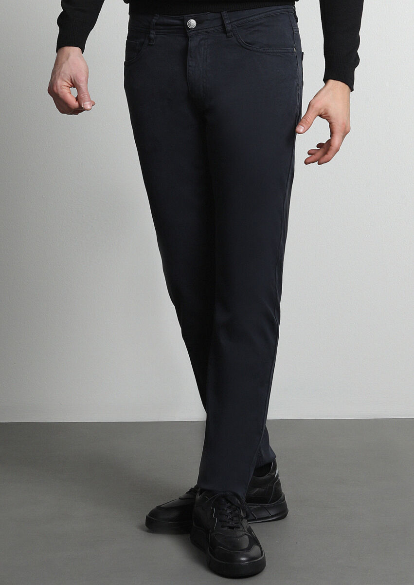 Lacivert Düz Dokuma Slim Fit Casual Pamuk Karışımlı Pantolon - 3