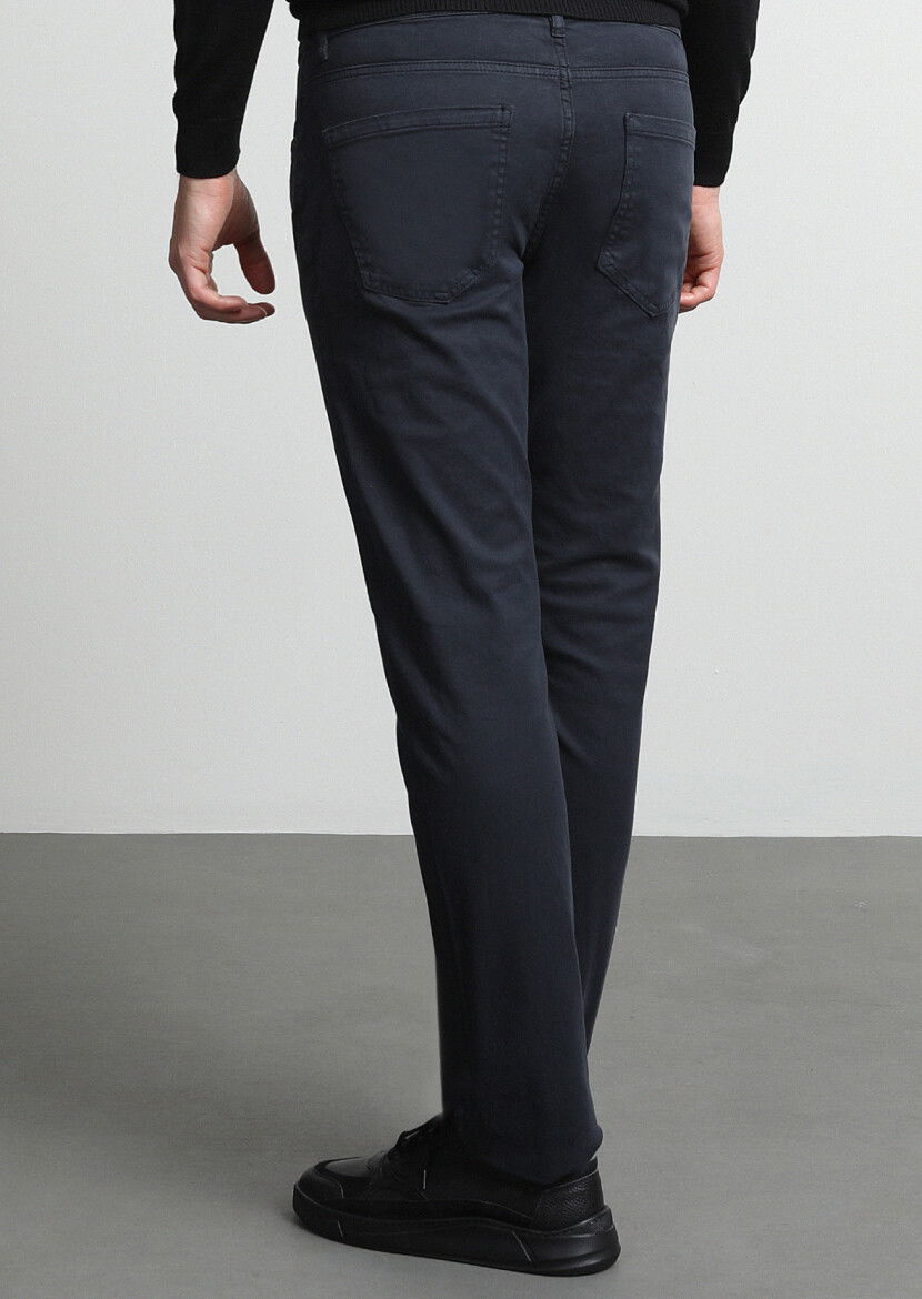 Lacivert Düz Dokuma Slim Fit Casual Pamuk Karışımlı Pantolon - 4