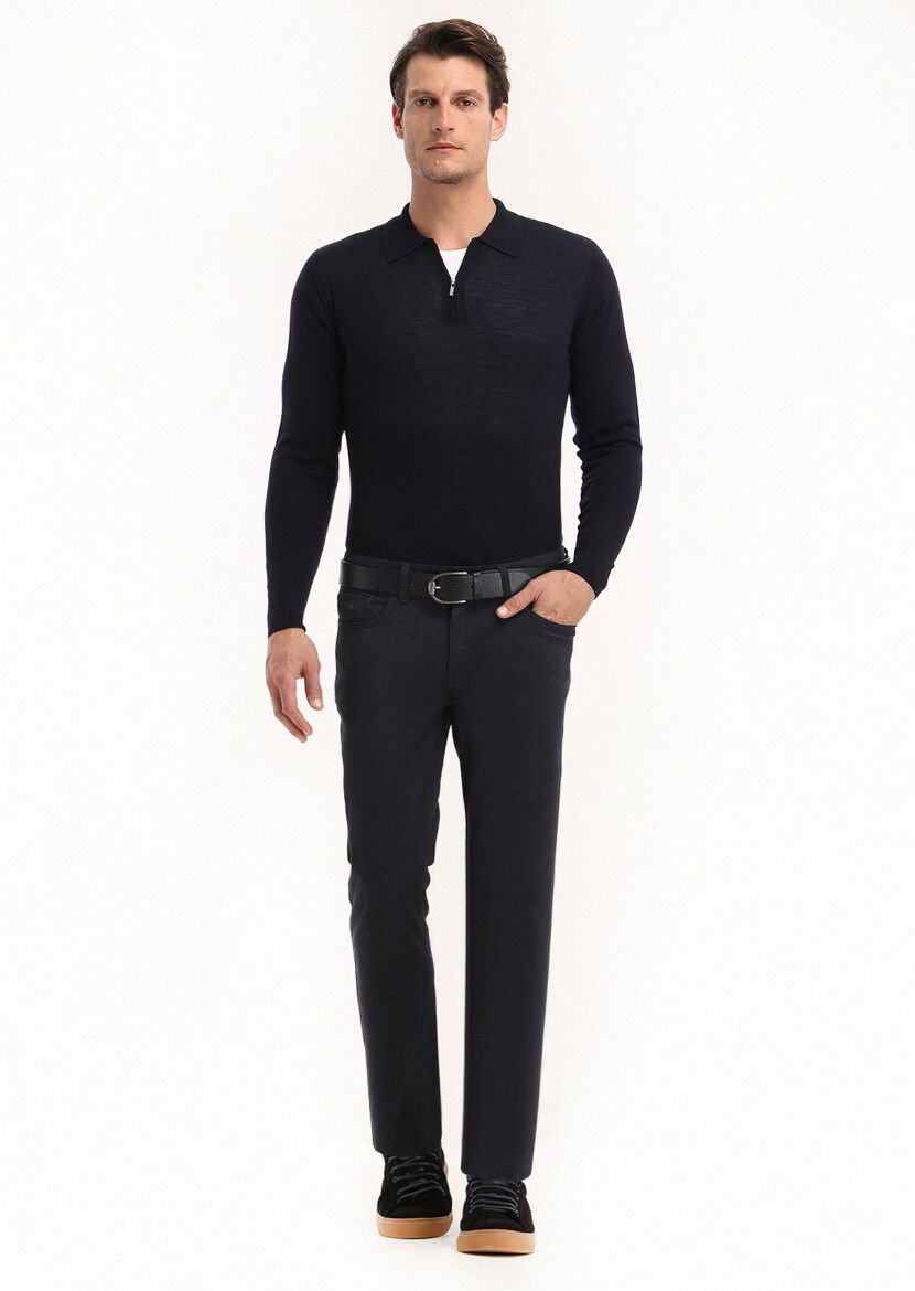 Lacivert Düz Dokuma Slim Fit Casual Pamuk Karışımlı Pantolon - 1