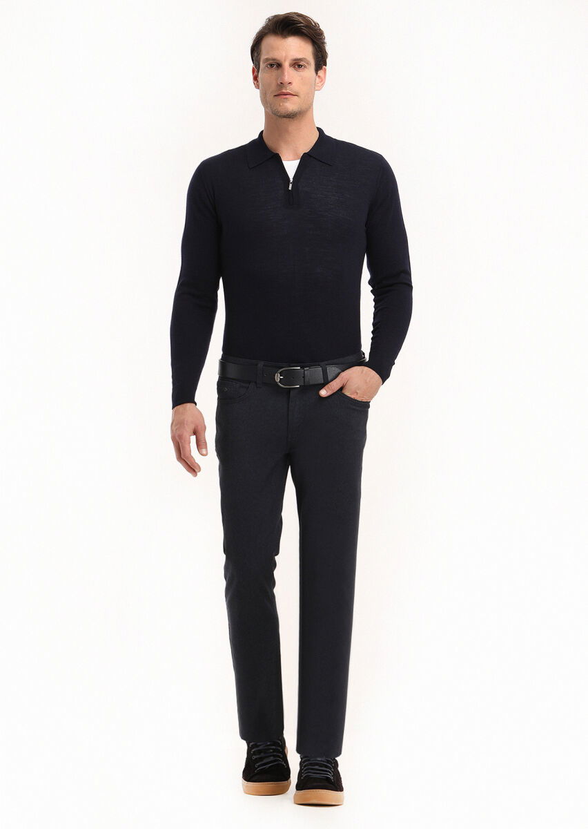 Lacivert Düz Dokuma Slim Fit Casual Pamuk Karışımlı Pantolon - 1