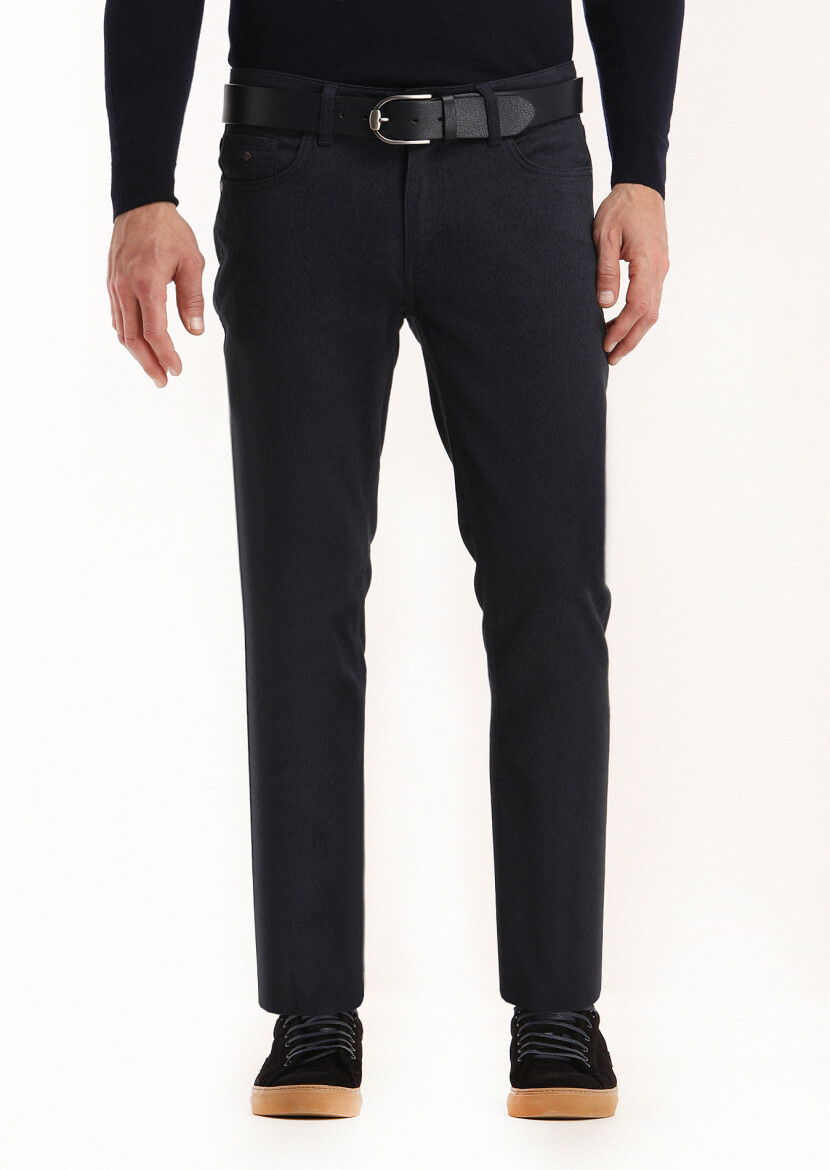 Lacivert Düz Dokuma Slim Fit Casual Pamuk Karışımlı Pantolon 