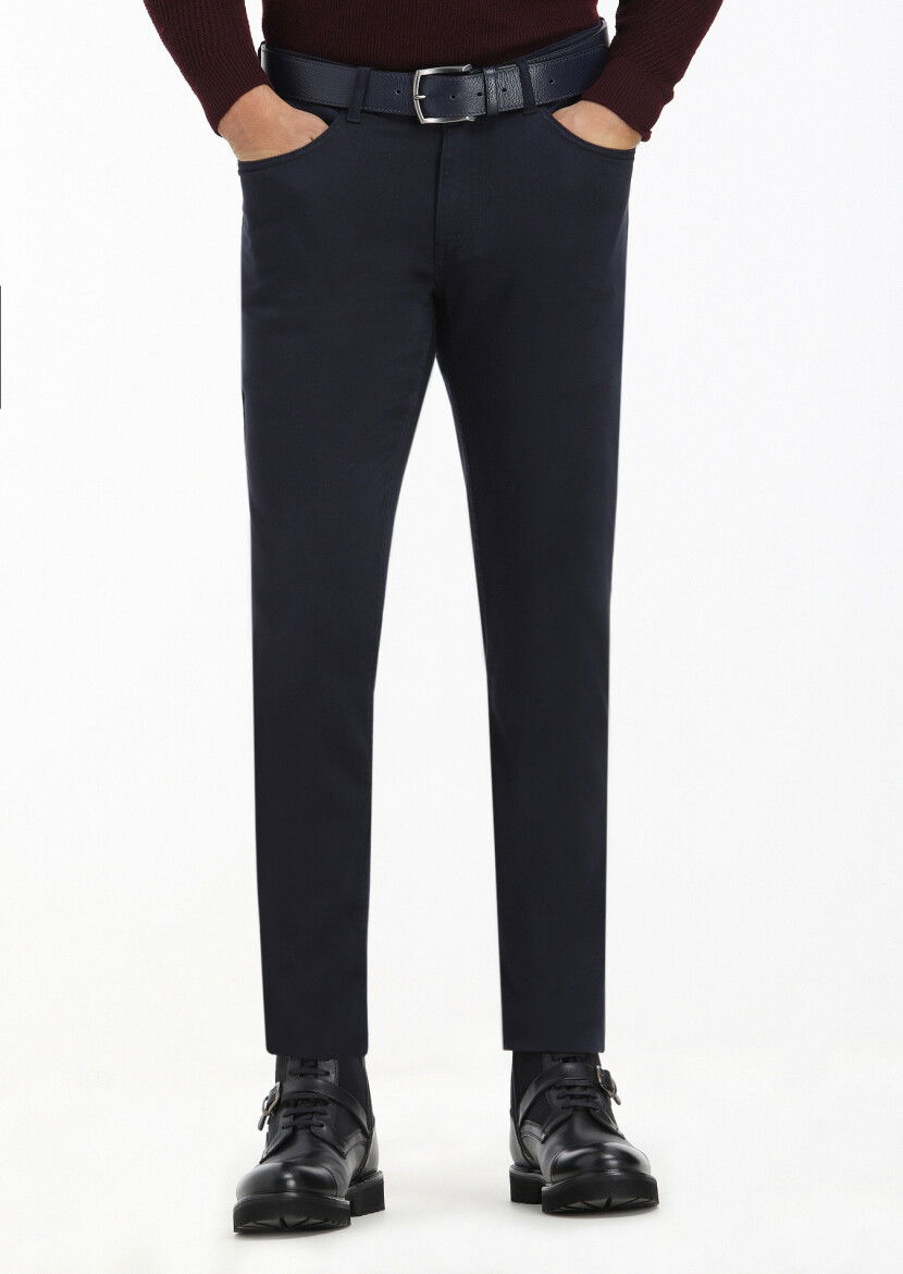 Lacivert Düz Dokuma Slim Fit Casual Pamuk Karışımlı Pantolon 