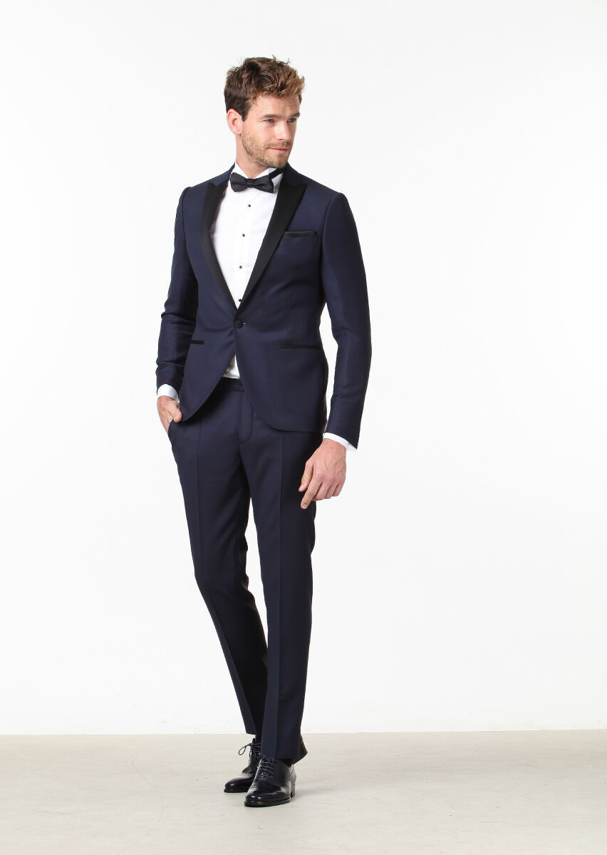 Lacivert Düz Fashion Slim Fit Kruvaze Yaka Dokuma Smokin Takım Elbise - 2