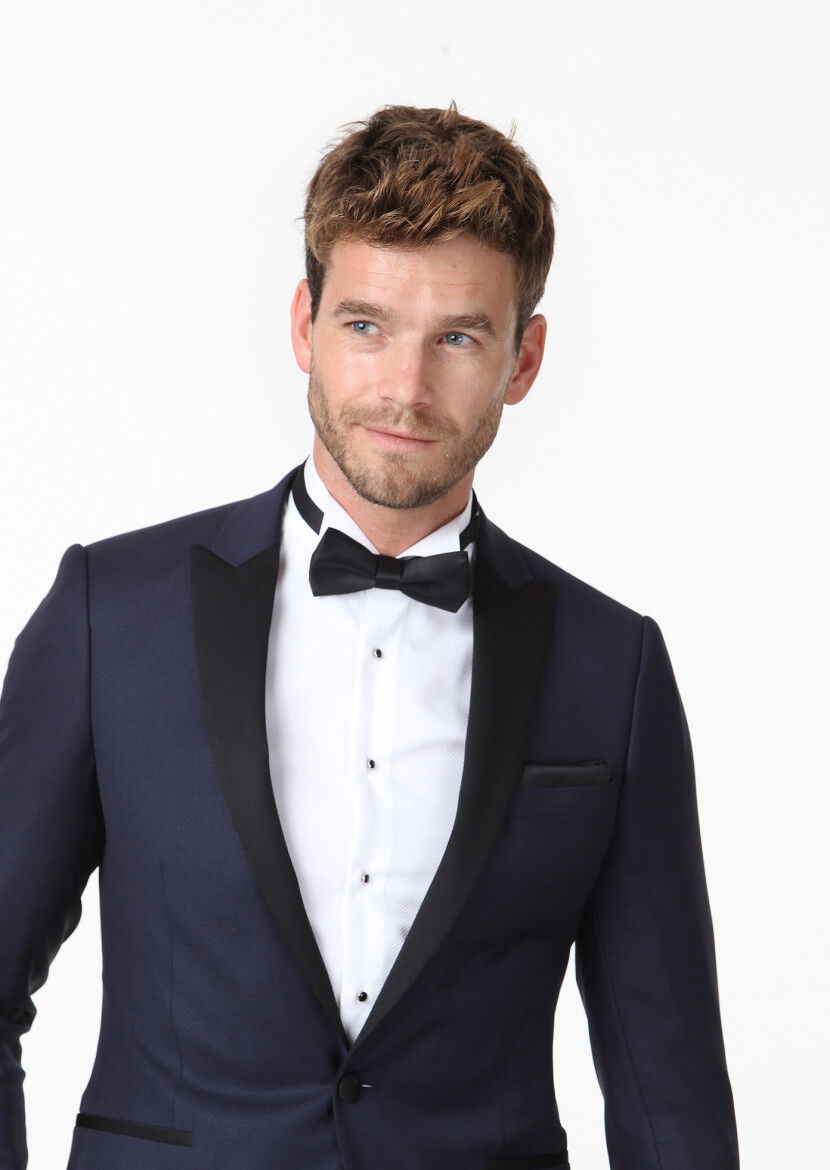 Lacivert Düz Fashion Slim Fit Kruvaze Yaka Dokuma Smokin Takım Elbise - 3