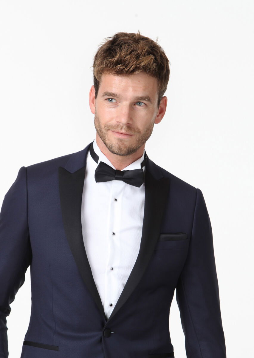 Lacivert Düz Fashion Slim Fit Kruvaze Yaka Dokuma Smokin Takım Elbise - 3