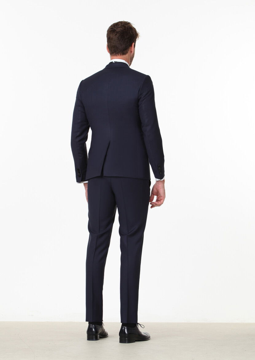 Lacivert Düz Fashion Slim Fit Kruvaze Yaka Dokuma Smokin Takım Elbise - 4