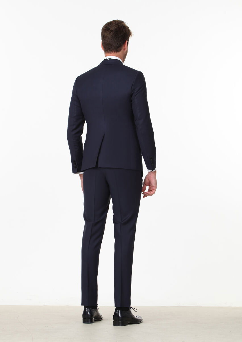 Lacivert Düz Fashion Slim Fit Kruvaze Yaka Dokuma Smokin Takım Elbise - 4