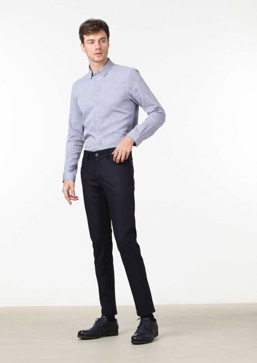 Lacivert Düz Kumaş Slim Fit Casual Yün Karışımlı Pantolon 
