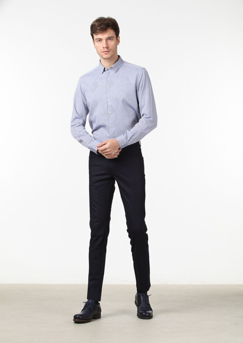 Lacivert Düz Kumaş Slim Fit Casual Yün Karışımlı Pantolon - 2