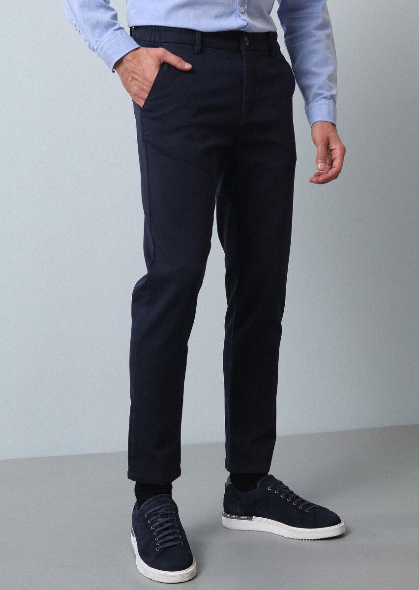 Lacivert Düz Örme Jogging Fit Casual Pamuk Karışımlı Pantolon - 2