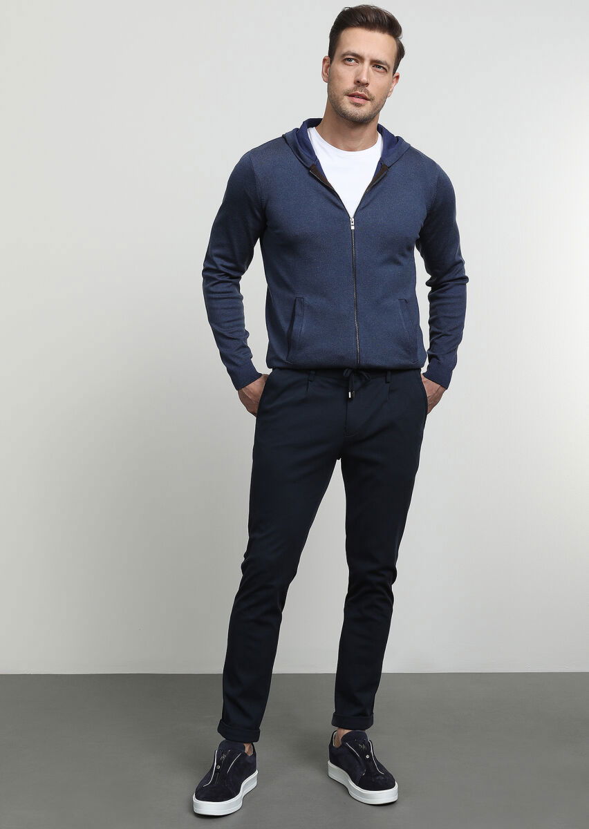 Lacivert Düz Örme Jogging Fit Casual Pamuk Karışımlı Pantolon - 1