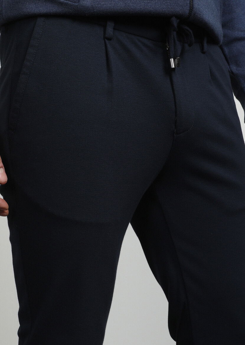 Lacivert Düz Örme Jogging Fit Casual Pamuk Karışımlı Pantolon - 2