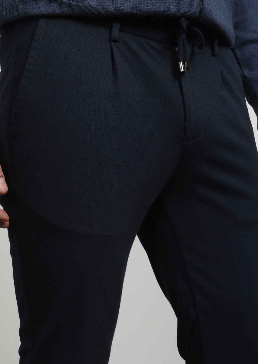 Lacivert Düz Örme Jogging Fit Casual Pamuk Karışımlı Pantolon - 2