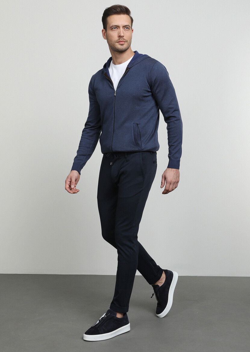 Lacivert Düz Örme Jogging Fit Casual Pamuk Karışımlı Pantolon - 3
