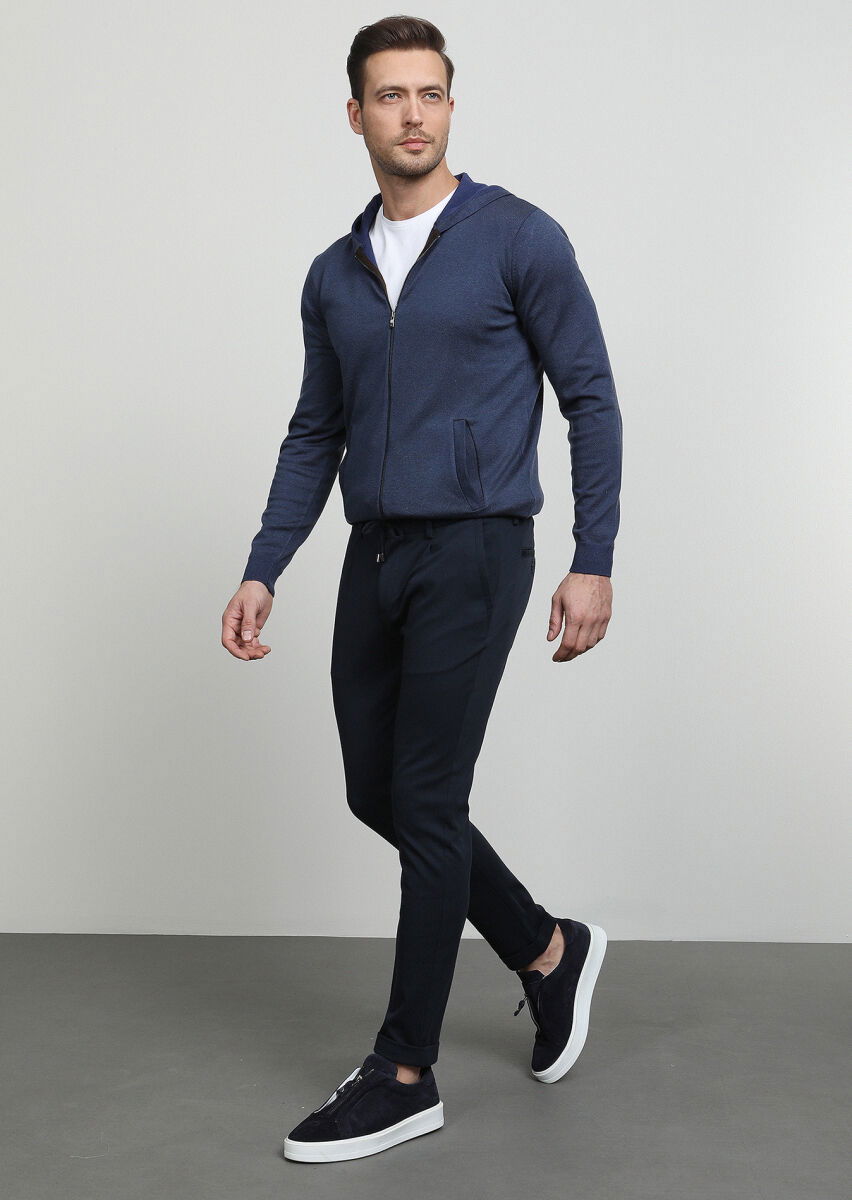 Lacivert Düz Örme Jogging Fit Casual Pamuk Karışımlı Pantolon - 3
