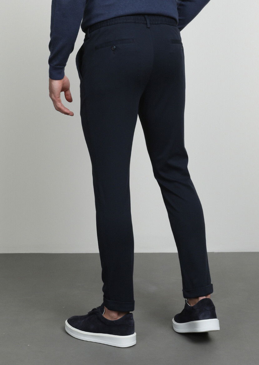Lacivert Düz Örme Jogging Fit Casual Pamuk Karışımlı Pantolon - 4