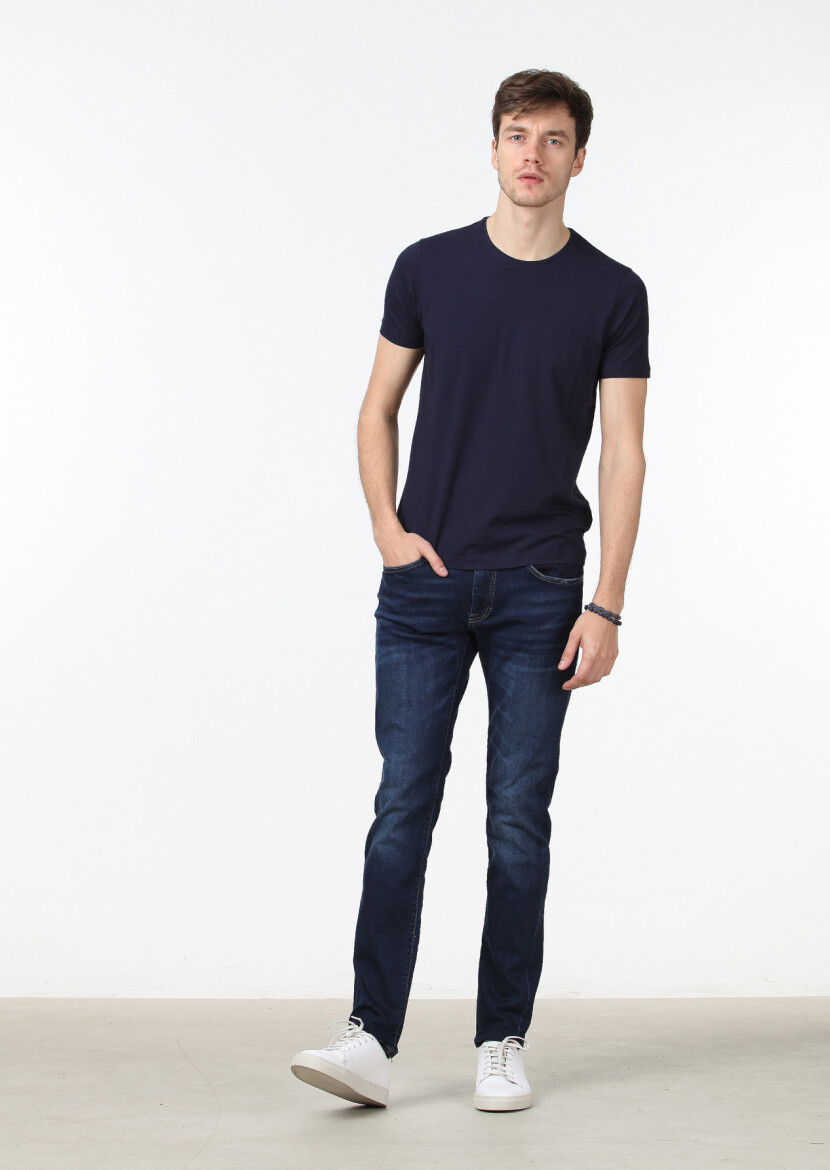 Lacivert Düz Pamuk Karışımlı T-Shirt - 2