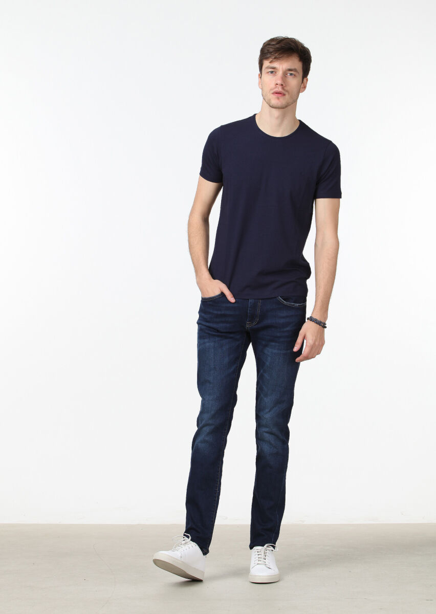 Lacivert Düz Pamuk Karışımlı T-Shirt - 2