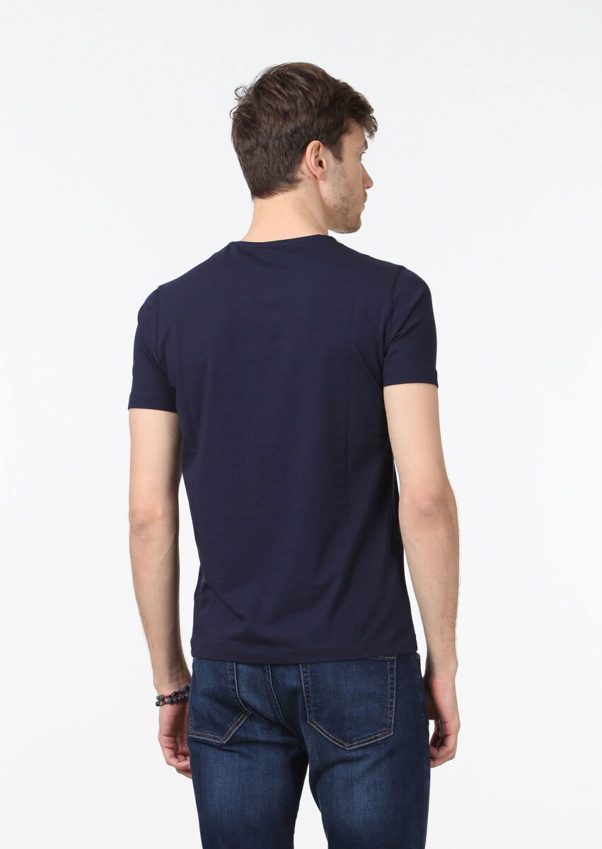 Lacivert Düz Pamuk Karışımlı T-Shirt - 4