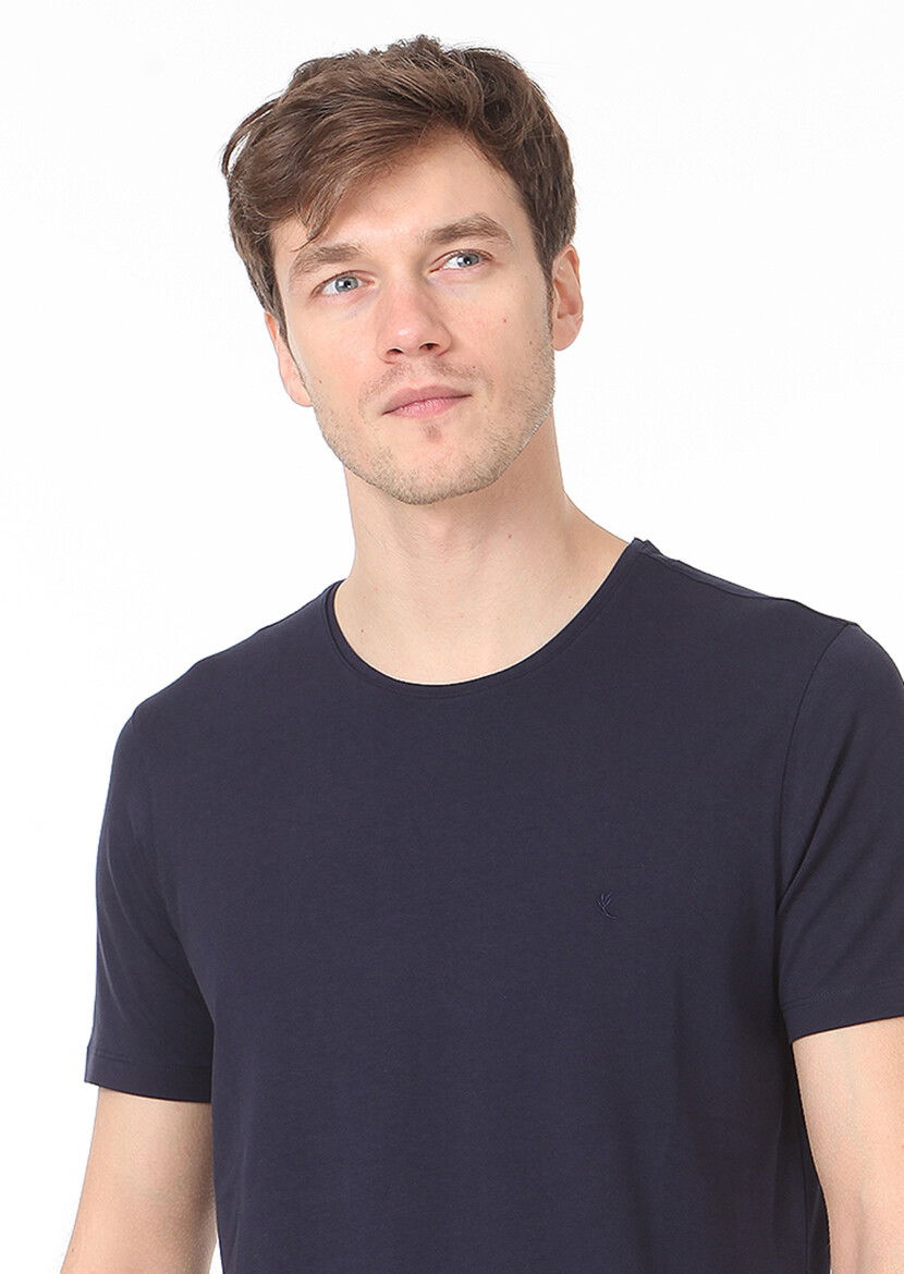 Lacivert Düz Pamuk Karışımlı T-Shirt 
