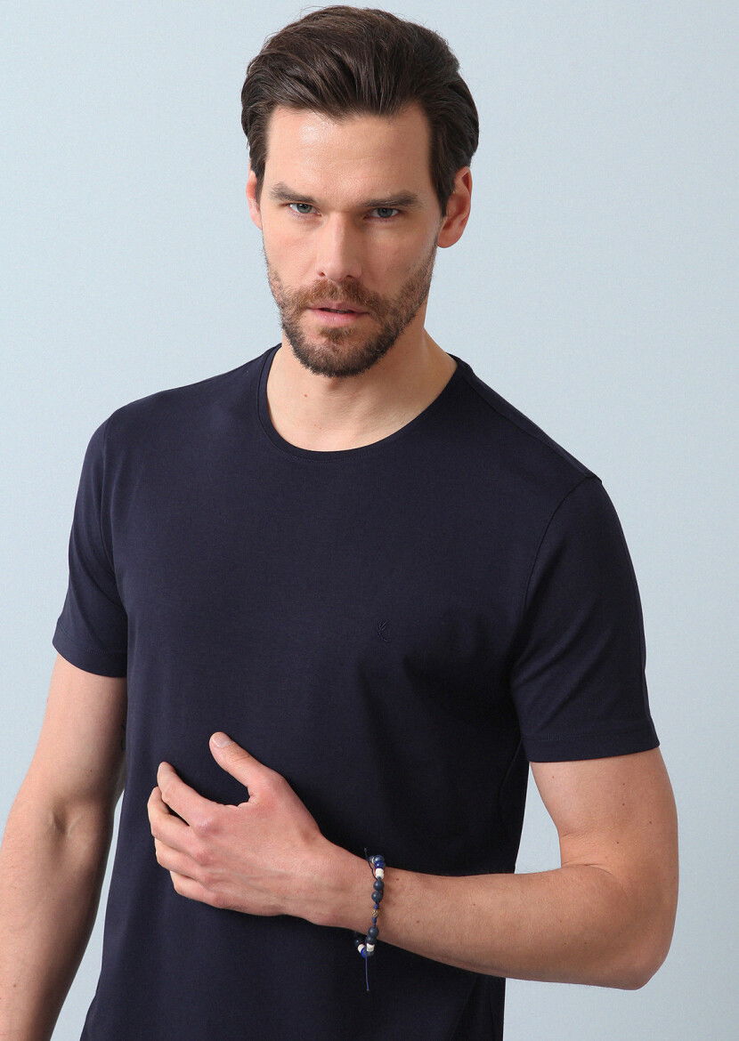 Lacivert Düz Pamuk Karışımlı T-Shirt 