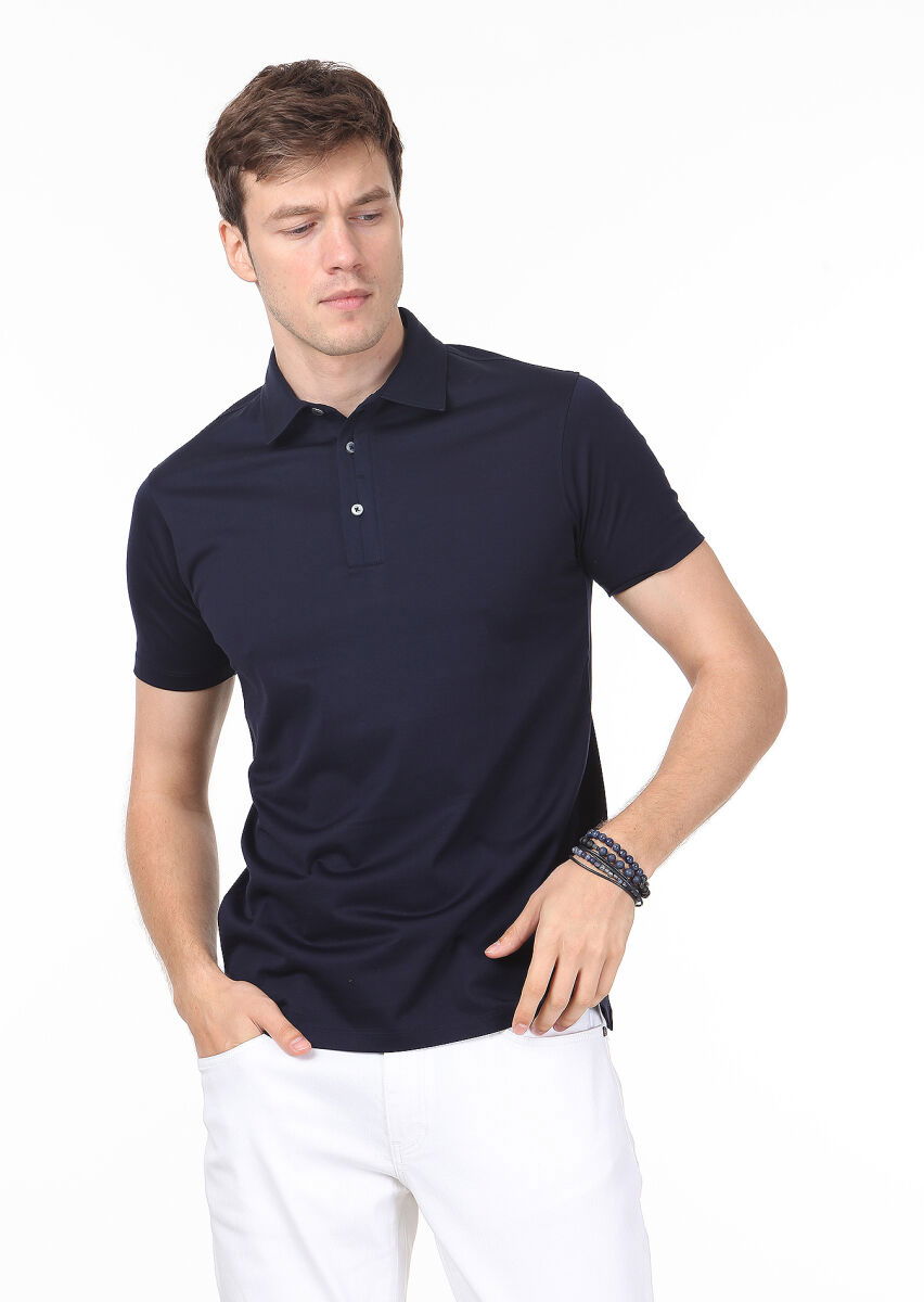 Lacivert Düz Polo Yaka %100 Pamuk T-Shirt - 1