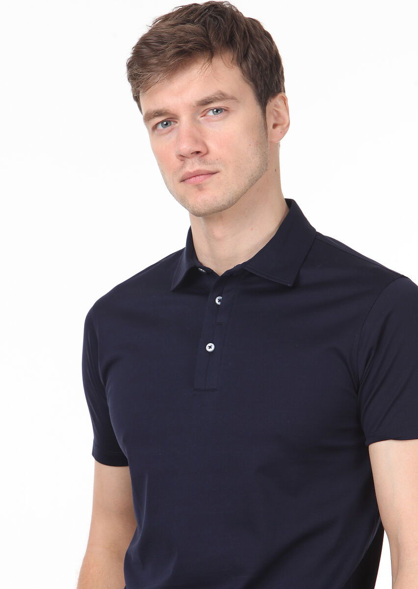 Lacivert Düz Polo Yaka %100 Pamuk T-Shirt - 2