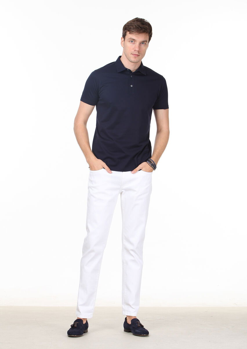Lacivert Düz Polo Yaka %100 Pamuk T-Shirt - 3