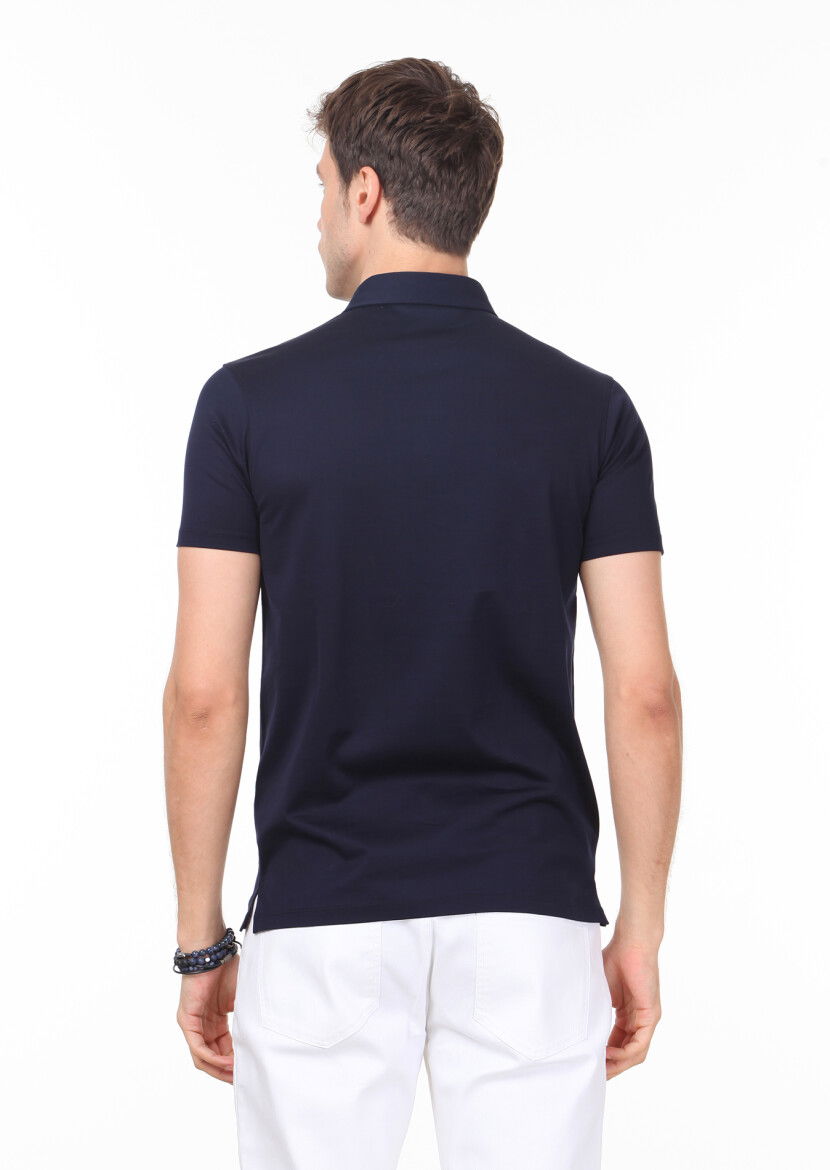 Lacivert Düz Polo Yaka %100 Pamuk T-Shirt - 4