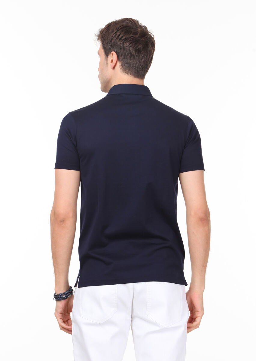 Lacivert Düz Polo Yaka %100 Pamuk T-Shirt - 4