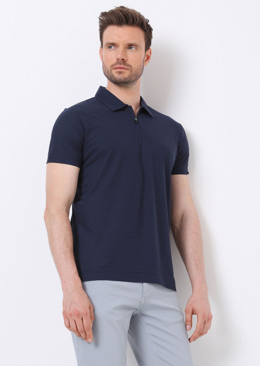 Lacivert Düz Polo Yaka %100 Pamuk T-Shirt 