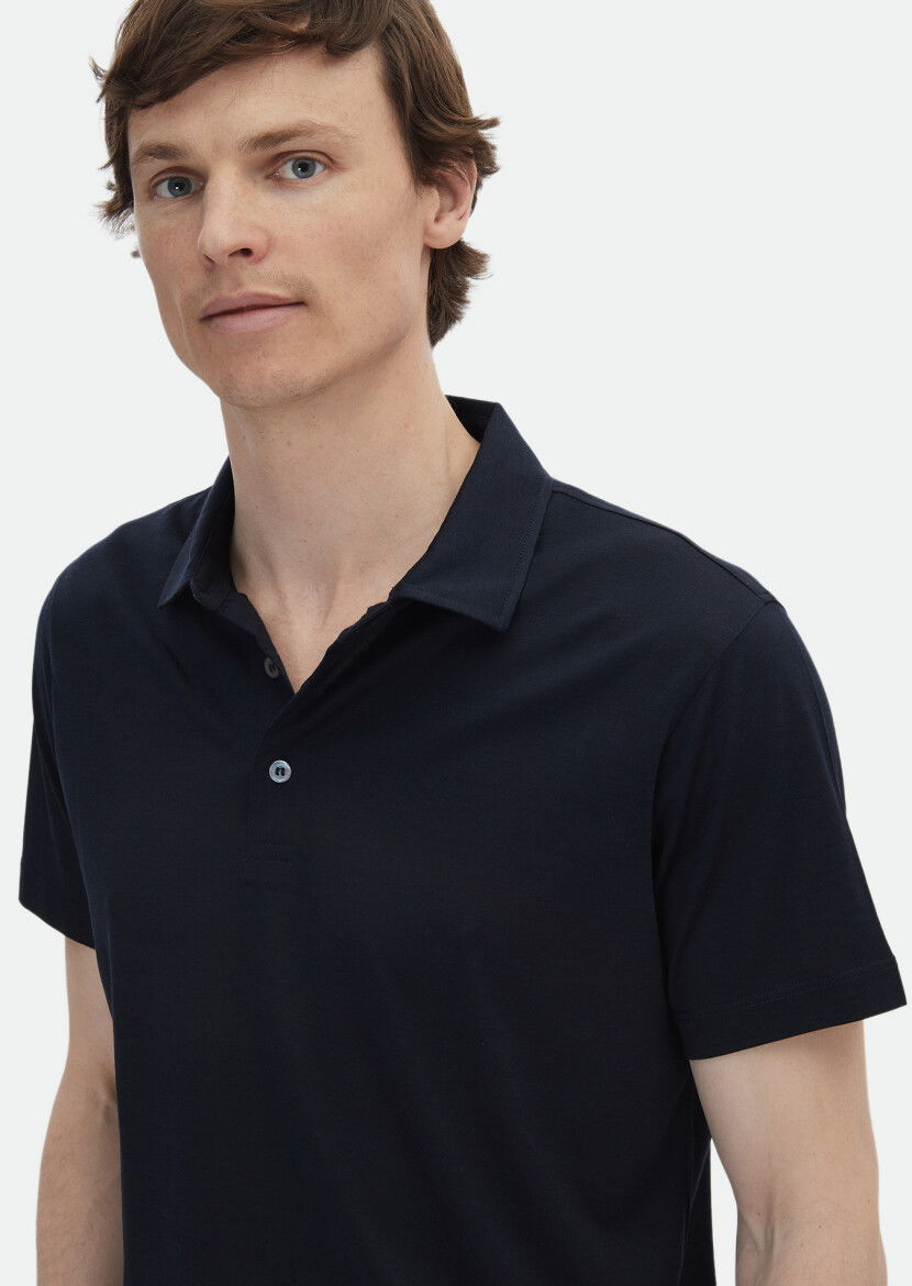 Lacivert Düz Polo Yaka İpek Karışımlı T-Shirt - 3