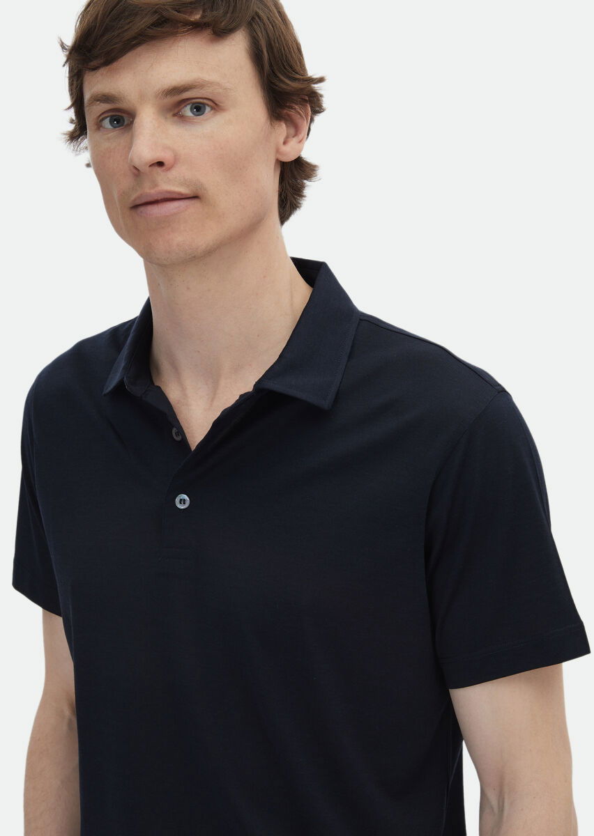 Lacivert Düz Polo Yaka İpek Karışımlı T-Shirt - 3