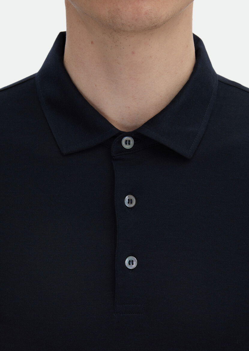 Lacivert Düz Polo Yaka İpek Karışımlı T-Shirt - 4