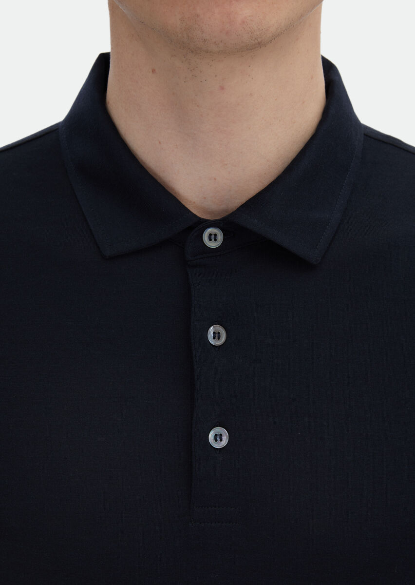 Lacivert Düz Polo Yaka İpek Karışımlı T-Shirt - 4